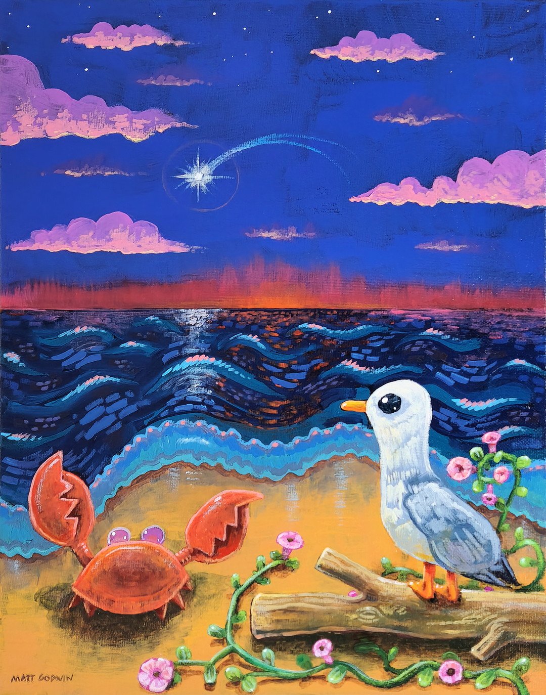 'Beach Friends at First Light' by Matt Godwin, UV Varnished Acrylic on Stretched Canvas, 11"x14" (5/8" deep)