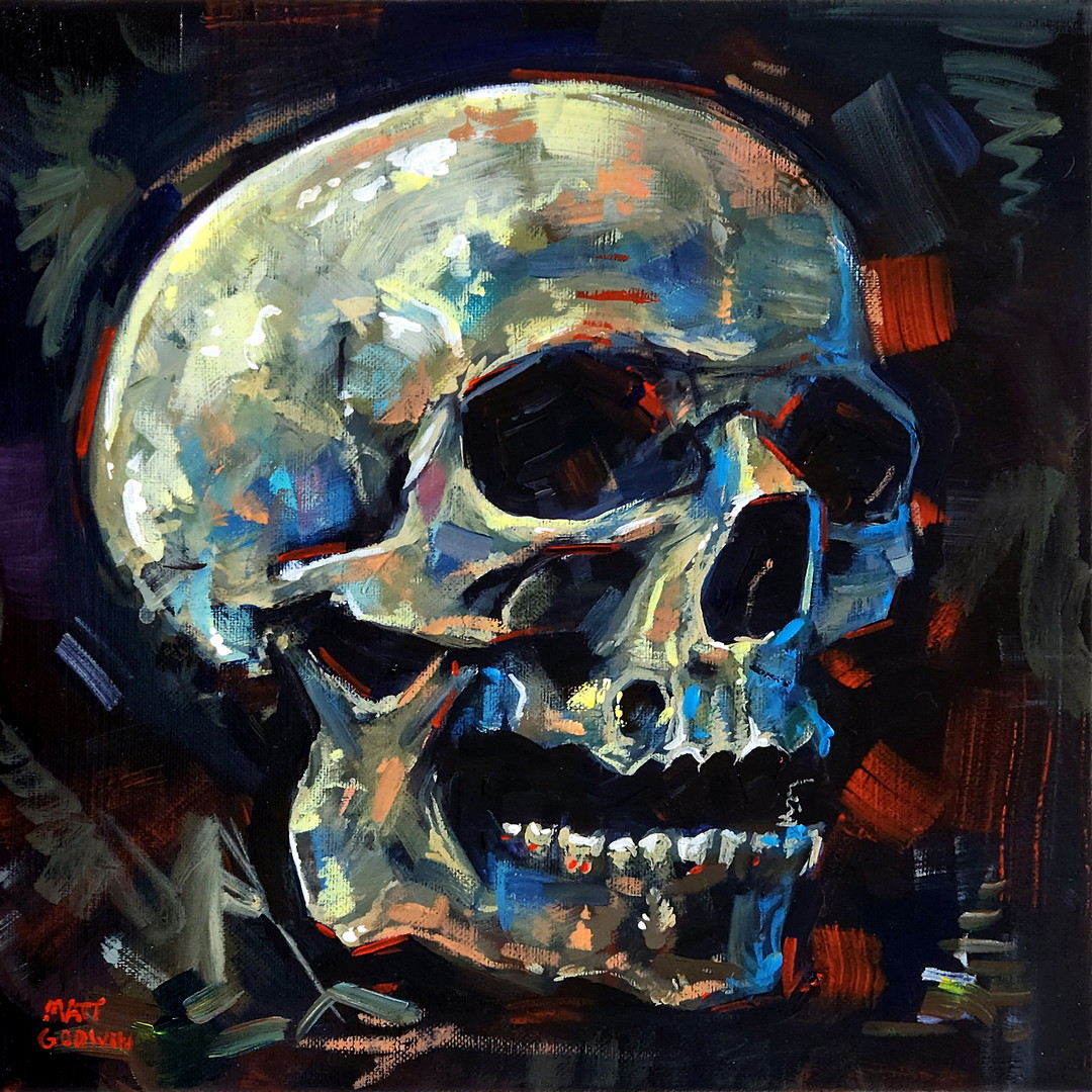 'Skull' by Matt Godwin, UV Varnished Acrylic on Stretched Canvas, 12"x12" (5/8" deep)