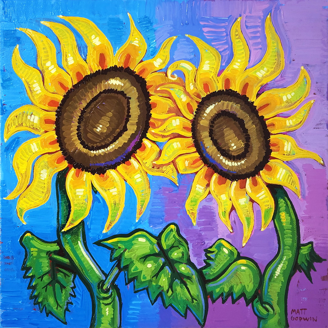 'Sunflower Pair' by Matt Godwin, UV Varnished Acrylic on Stretched Canvas, 12"x12" (5/8" deep)