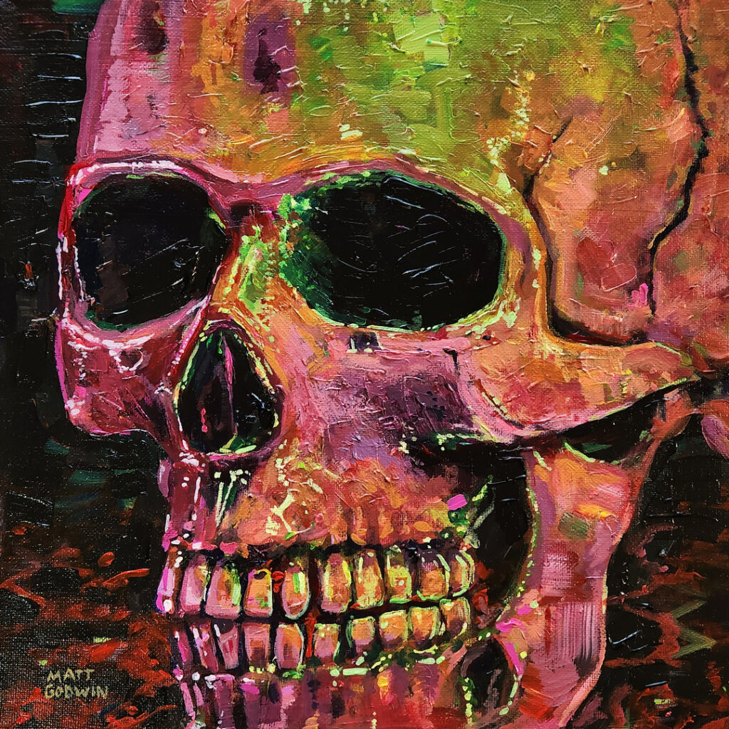 'Acid Skull' by Matt Godwin, UV Varnished Acrylic on Stretched Canvas, 12"x12" (5/8" deep)