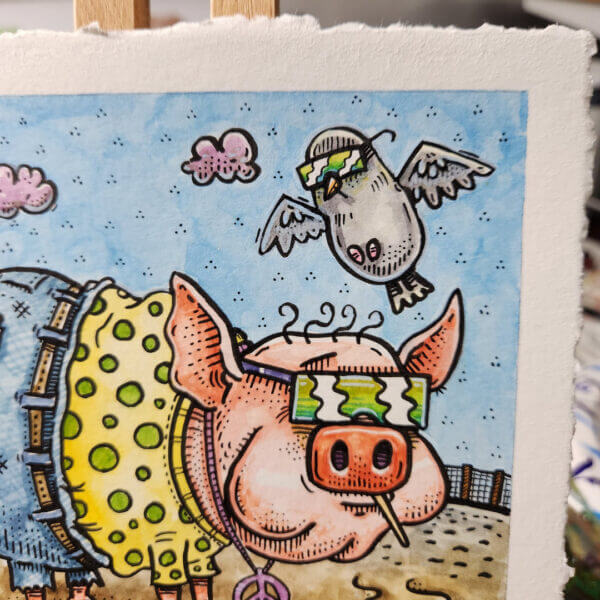 cool pig and bird friends original watercolor and pen painting on paper by matt godwin 6x6 - Buy Art for Sale By Artist - Handmade in South Florida USA