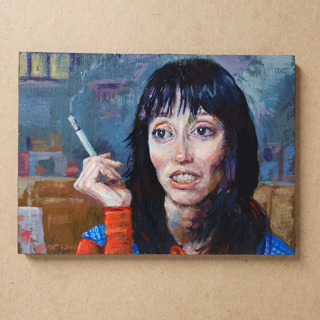 'Shelley Duvall Smoking in the Shining' by Matt Godwin, Original Art, Acrylic on Wood, 7″x5″