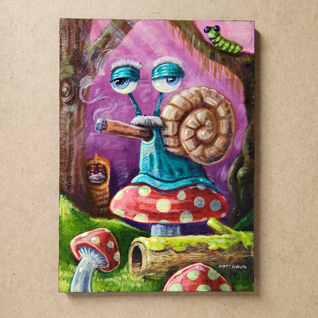 'Groucho Snail in Mushroom Forest' by Matt Godwin, Original Art, Acrylic on Wood, 5″x7″