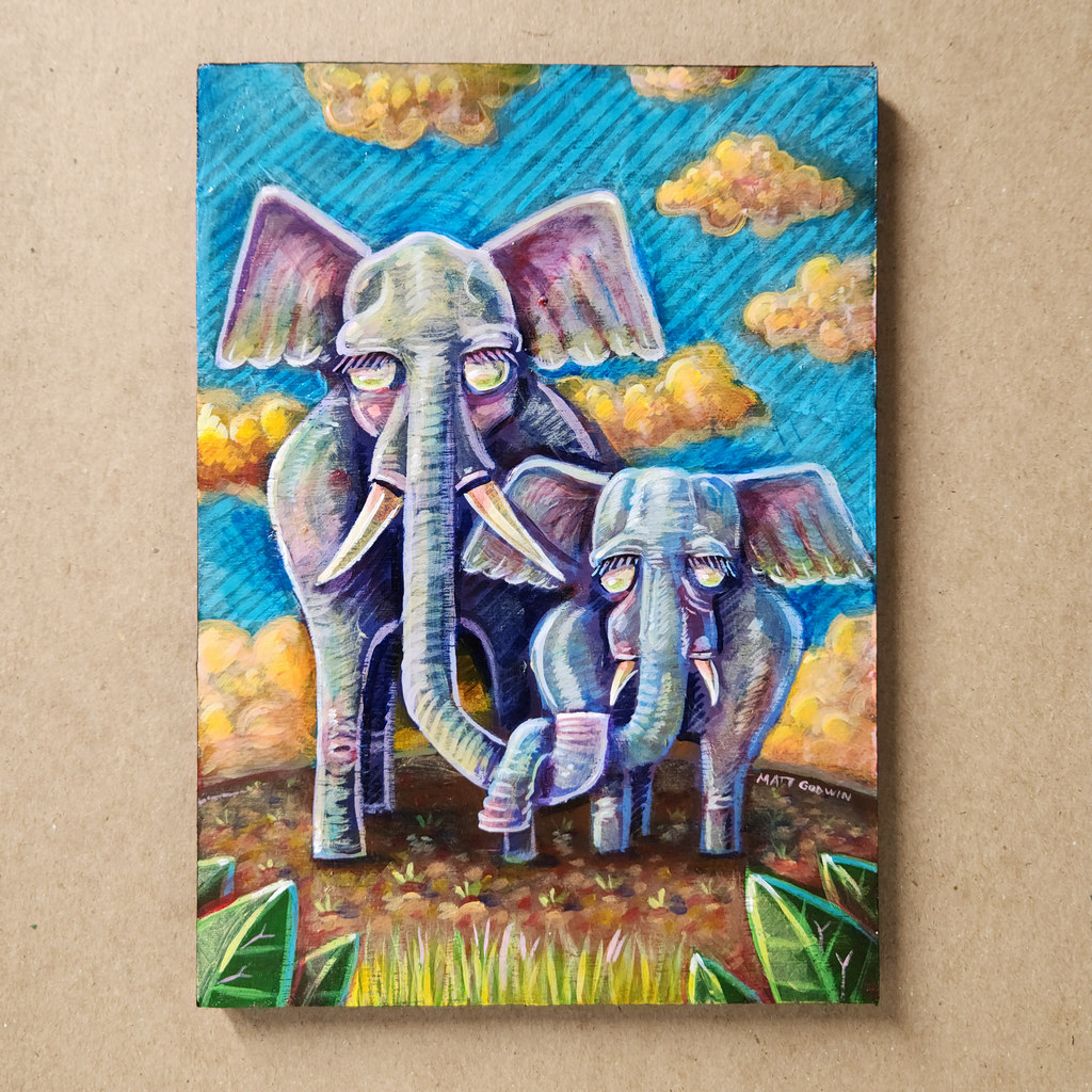 'Elephants' by Matt Godwin, Original Art, Acrylic on Wood, 5″x7″