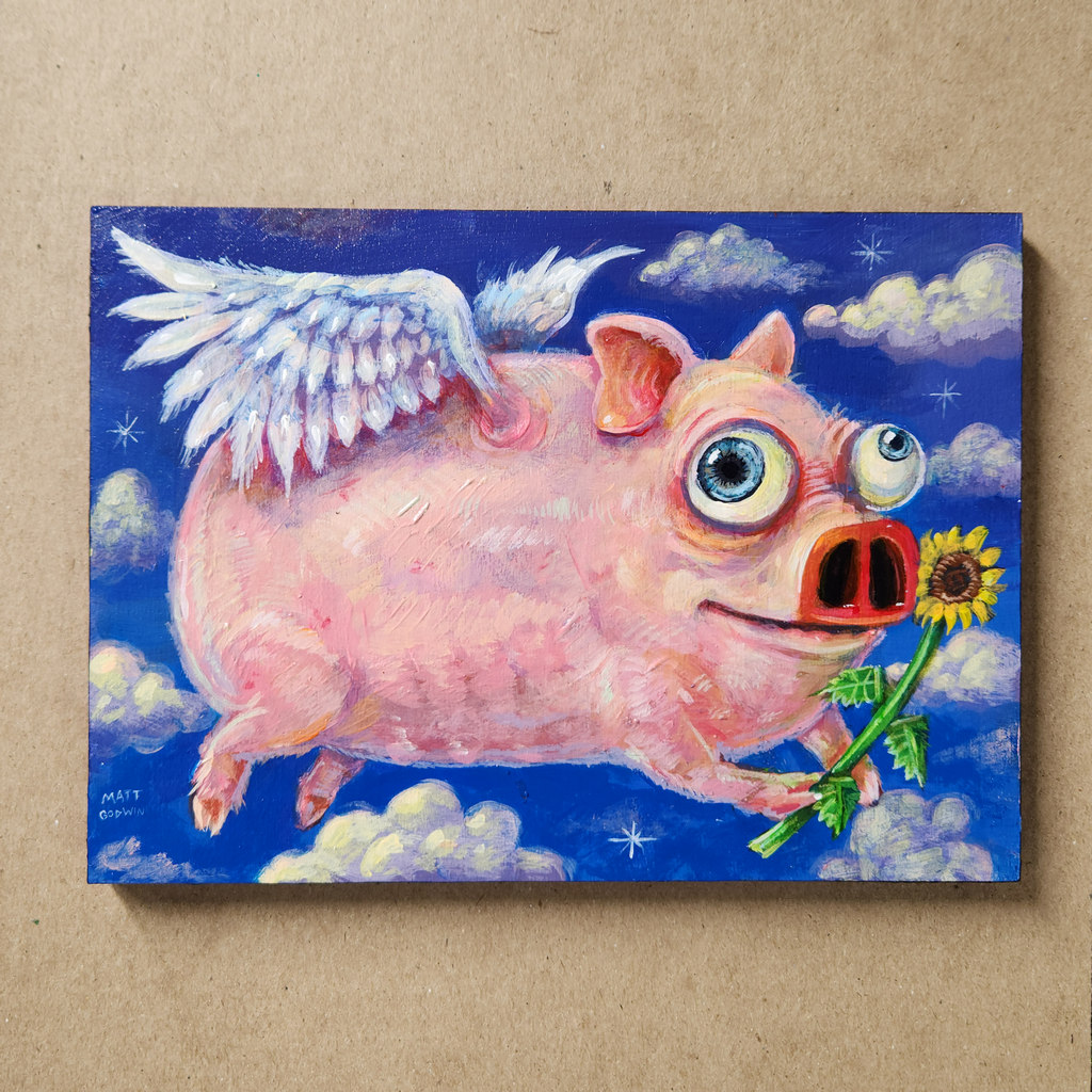 'Flying Pig With Sunflower' by Matt Godwin, Original Art, Acrylic on Wood, 7″x5″