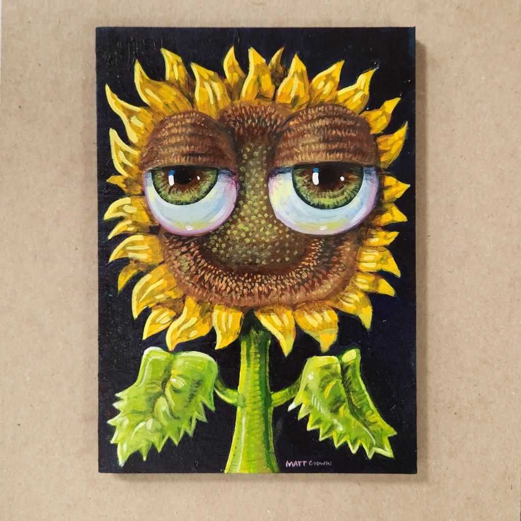 'Sunflower with Bulbous Eyeballs' by Matt Godwin, Original Art, Acrylic on Wood, 5″x7″
