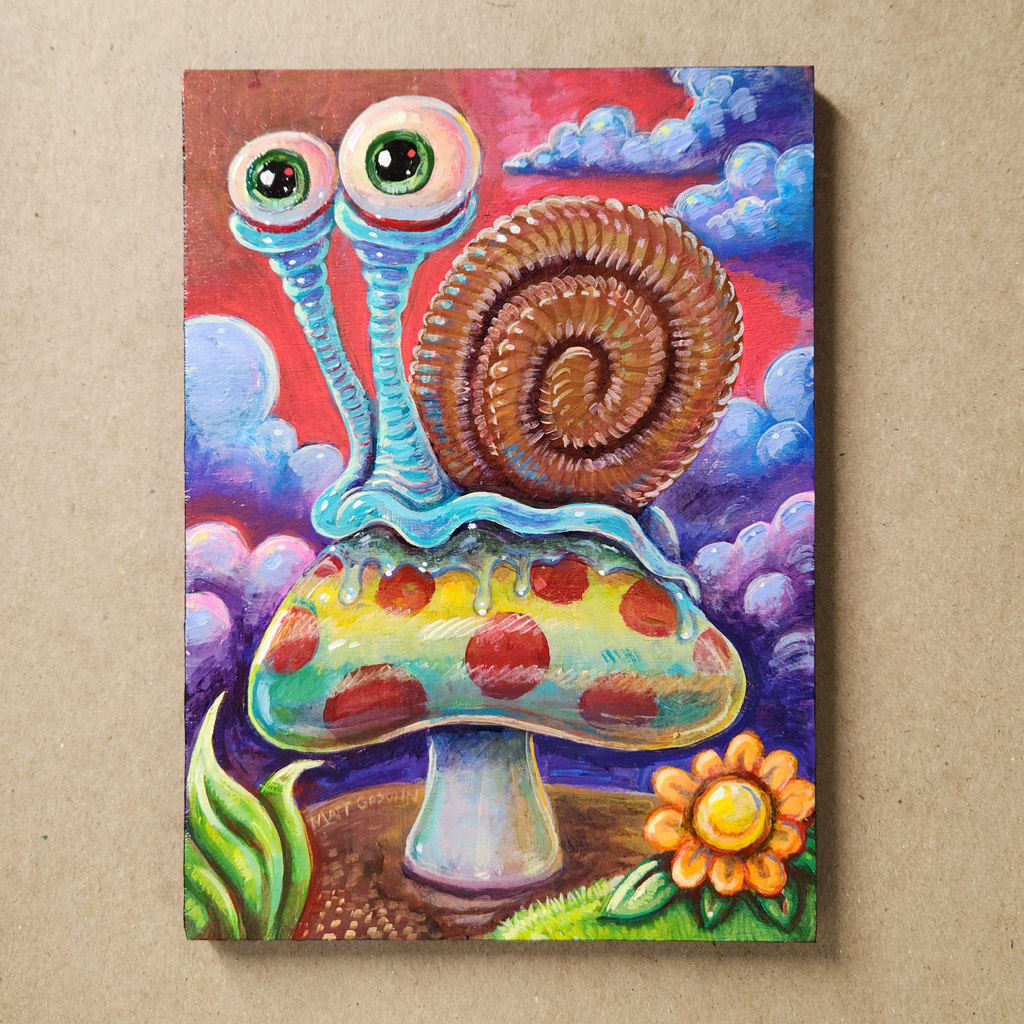 'Snail on Mushroom' by Matt Godwin, Original Art, Acrylic on Wood, 5″x7″