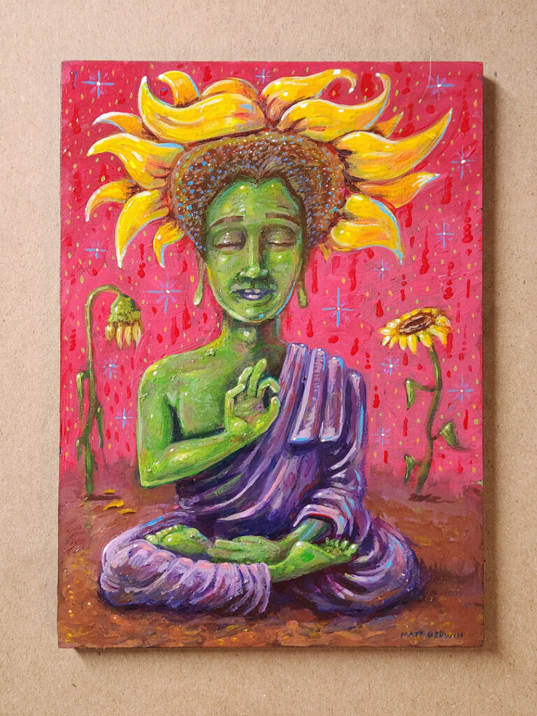 'Plant Buddha' by Matt Godwin, Original Art, Acrylic on Wood, 5″x7″