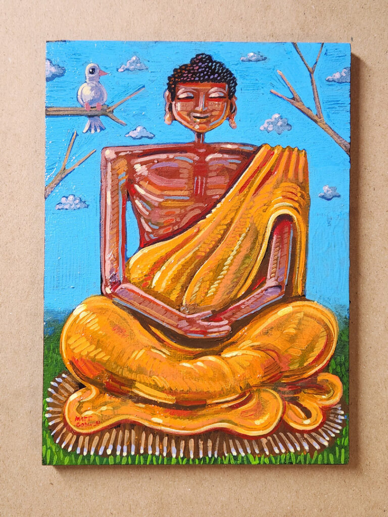 'Buddha with Bird Friend' by Matt Godwin, Original Art, Acrylic on Wood, 5″x7″