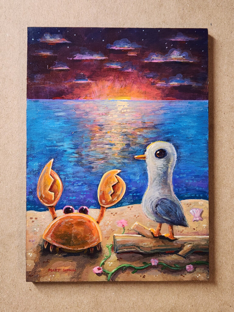 'Sunrise Beach Friends' by Matt Godwin, Original Art, Acrylic on Wood, 5″x7″