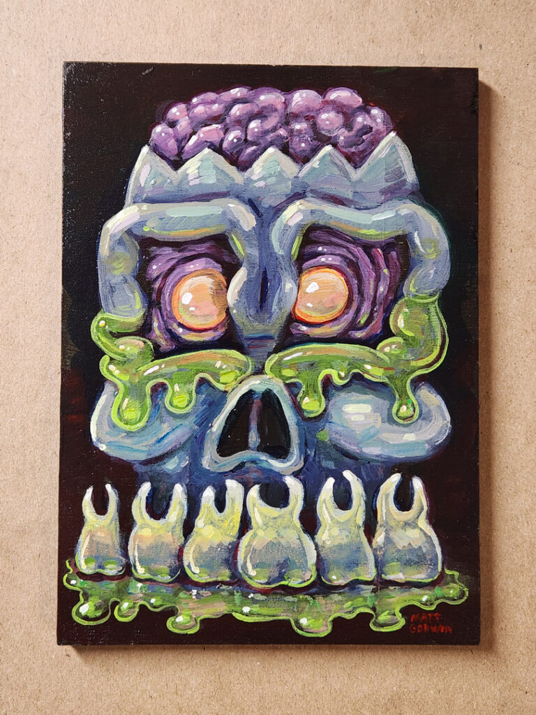'Slime Skull' by Matt Godwin, Original Art, Acrylic on Wood, 5″x7″