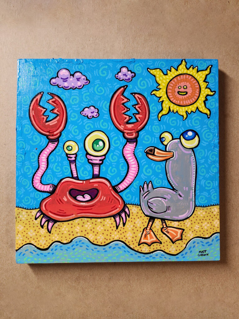 'Beach Friends' by Matt Godwin, Original Art, Acrylic on Wood, 8″x8″