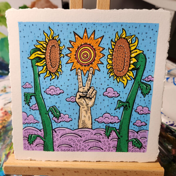 peace sign with sunflowers original acrylic and pen painting on paper by matt godwin 6x6 - Buy Art for Sale By Artist - Handmade in South Florida USA