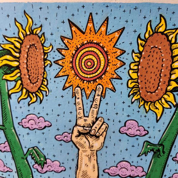 peace sign with sunflowers original acrylic and pen painting on paper by matt godwin 6x6 - Buy Art for Sale By Artist - Handmade in South Florida USA