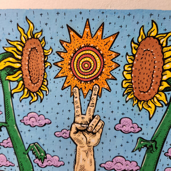 peace sign with sunflowers original acrylic and pen painting on paper by matt godwin 6x6 - Buy Art for Sale By Artist - Handmade in South Florida USA