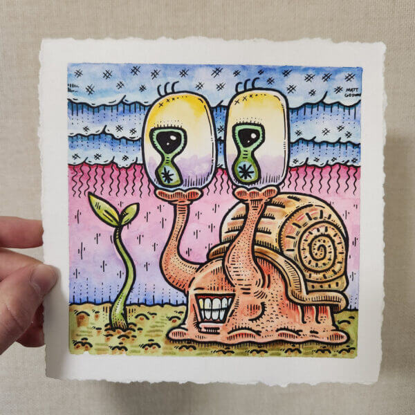 snail mesmerized by sapling original marker and watercolor painting on paper by matt godwin 6x6 - Buy Art for Sale By Artist - Handmade in South Florida USA