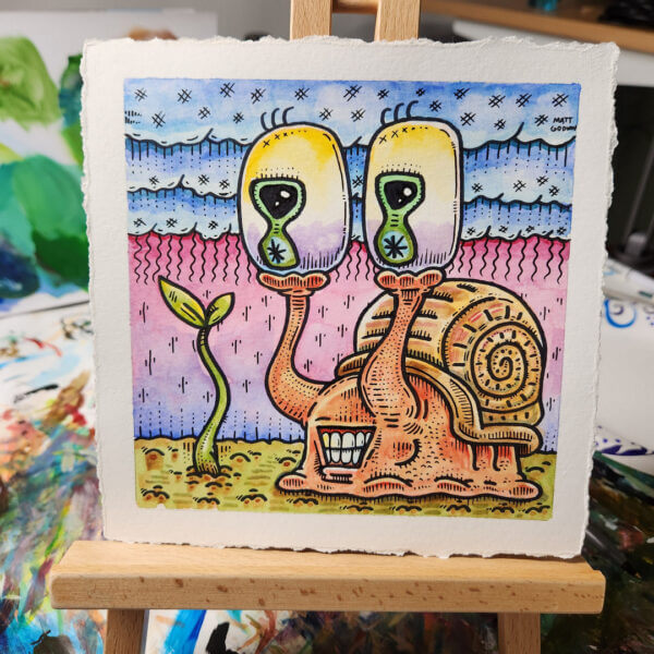 snail mesmerized by sapling original marker and watercolor painting on paper by matt godwin 6x6 - Buy Art for Sale By Artist - Handmade in South Florida USA