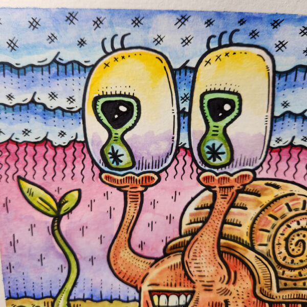 snail mesmerized by sapling original marker and watercolor painting on paper by matt godwin 6x6 - Buy Art for Sale By Artist - Handmade in South Florida USA