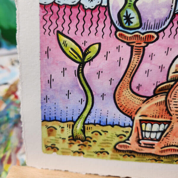 snail mesmerized by sapling original marker and watercolor painting on paper by matt godwin 6x6 - Buy Art for Sale By Artist - Handmade in South Florida USA