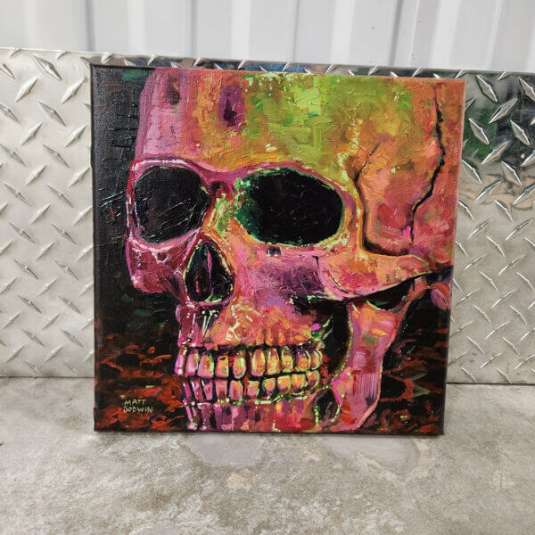 bright neon skull expressionism acrylic painting on canvas art by matt godwin 12x12 - Buy Art for Sale By Artist - Handmade in South Florida USA