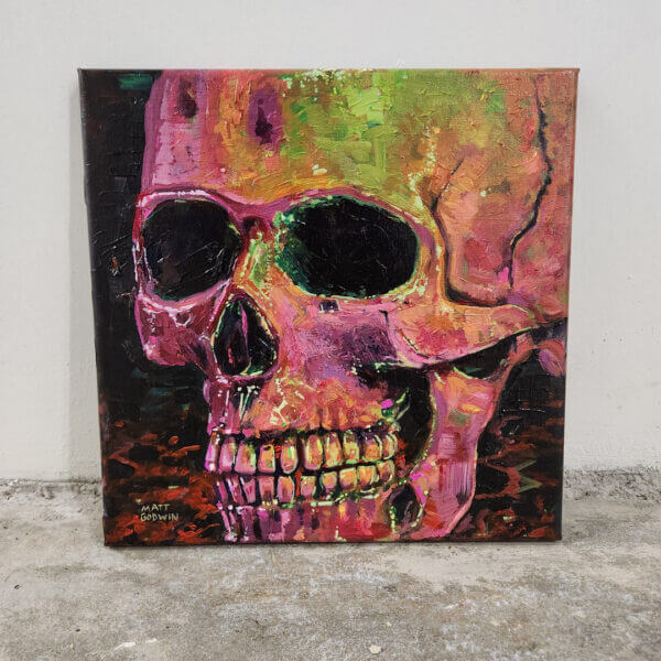 bright neon skull expressionism acrylic painting on canvas art by matt godwin 12x12 - Buy Art for Sale By Artist - Handmade in South Florida USA