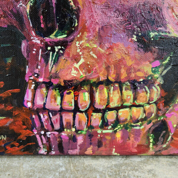 bright neon skull expressionism acrylic painting on canvas art by matt godwin 12x12 - Buy Art for Sale By Artist - Handmade in South Florida USA