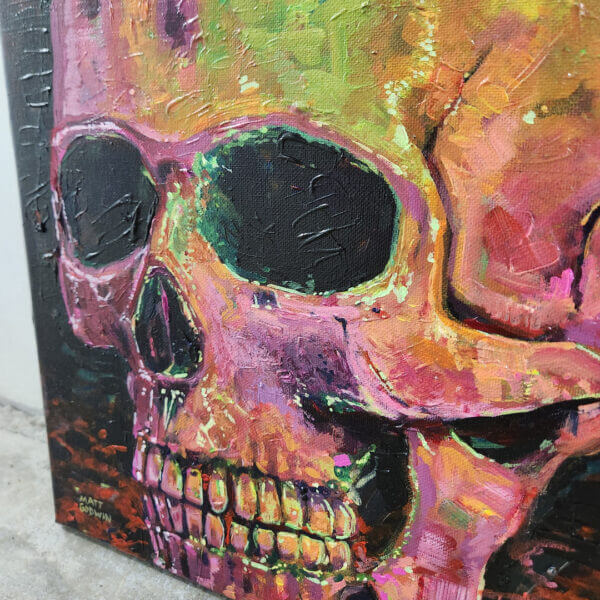 bright neon skull expressionism acrylic painting on canvas art by matt godwin 12x12 - Buy Art for Sale By Artist - Handmade in South Florida USA