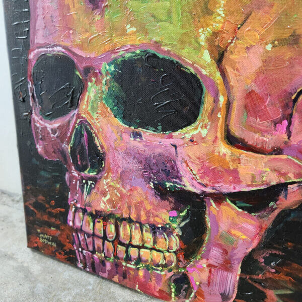 bright neon skull expressionism acrylic painting on canvas art by matt godwin 12x12 - Buy Art for Sale By Artist - Handmade in South Florida USA