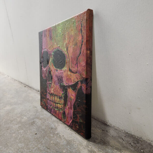 bright neon skull expressionism acrylic painting on canvas art by matt godwin 12x12 - Buy Art for Sale By Artist - Handmade in South Florida USA