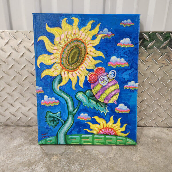 bee visits sunflower original acrylic painting on canvas by matt godwin 11x14 - Buy Art for Sale By Artist - Handmade in South Florida USA