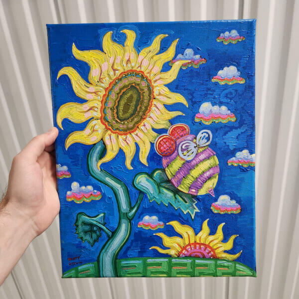 bee visits sunflower original acrylic painting on canvas by matt godwin 11x14 - Buy Art for Sale By Artist - Handmade in South Florida USA