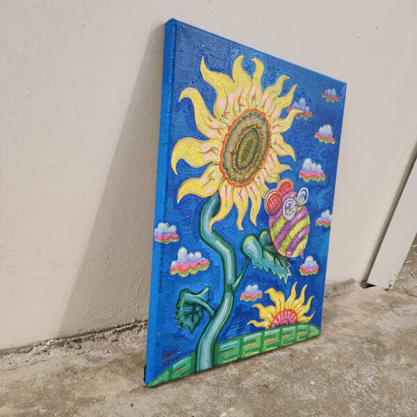 bee visits sunflower original acrylic painting on canvas by matt godwin 11x14 - Buy Art for Sale By Artist - Handmade in South Florida USA