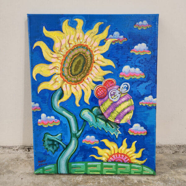 bee visits sunflower original acrylic painting on canvas by matt godwin 11x14 - Buy Art for Sale By Artist - Handmade in South Florida USA