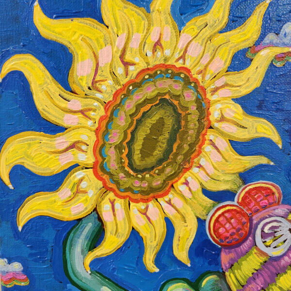 bee visits sunflower original acrylic painting on canvas by matt godwin 11x14 - Buy Art for Sale By Artist - Handmade in South Florida USA