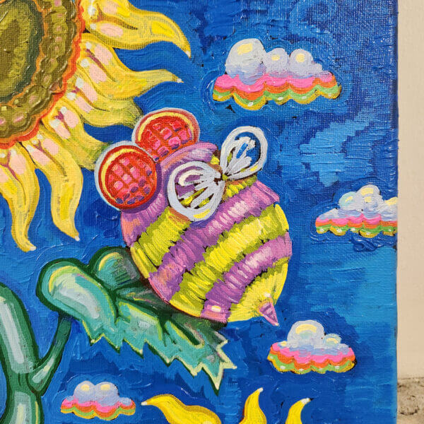 bee visits sunflower original acrylic painting on canvas by matt godwin 11x14 - Buy Art for Sale By Artist - Handmade in South Florida USA