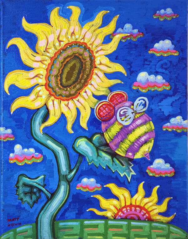 bee visits sunflower original acrylic painting on canvas by matt godwin 11x14 - Buy Art for Sale By Artist - Handmade in South Florida USA