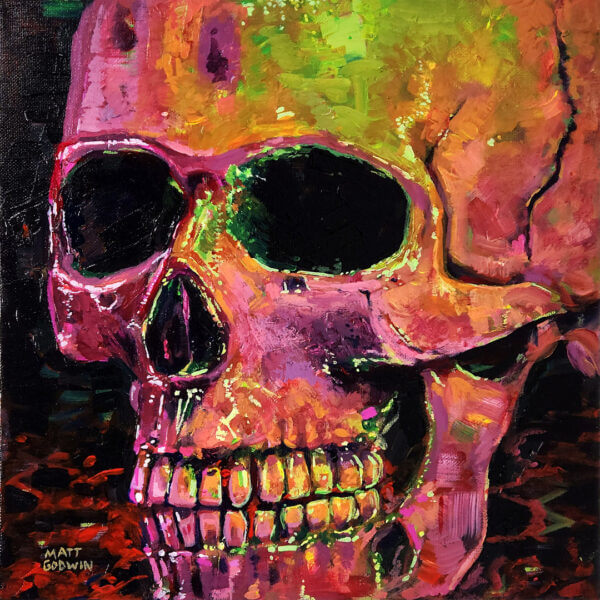 bright neon skull expressionism acrylic painting on canvas art by matt godwin 12x12 - Buy Art for Sale By Artist - Handmade in South Florida USA