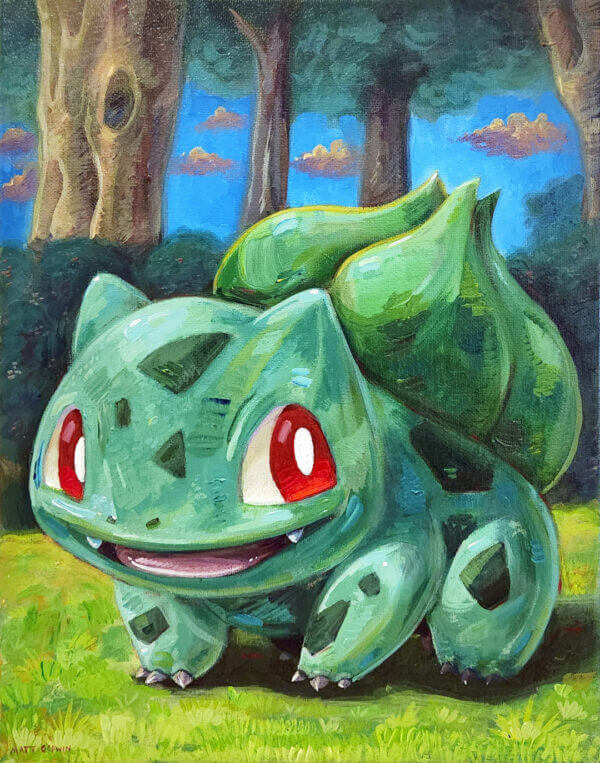 bulbasaur in a meadow original acrylic painting on canvas by matt godwin 11x14 - Buy Art for Sale By Artist - Handmade in South Florida USA