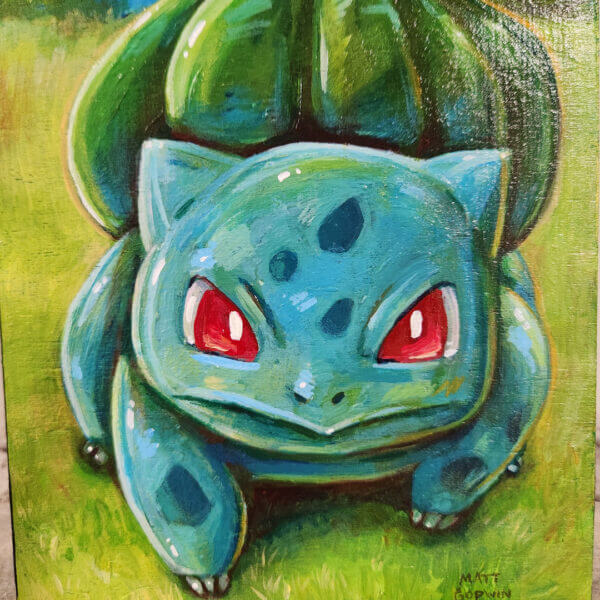 bulbasaur original acrylic painting on wood by matt godwin 5x7 - Buy Art for Sale By Artist - Handmade in South Florida USA