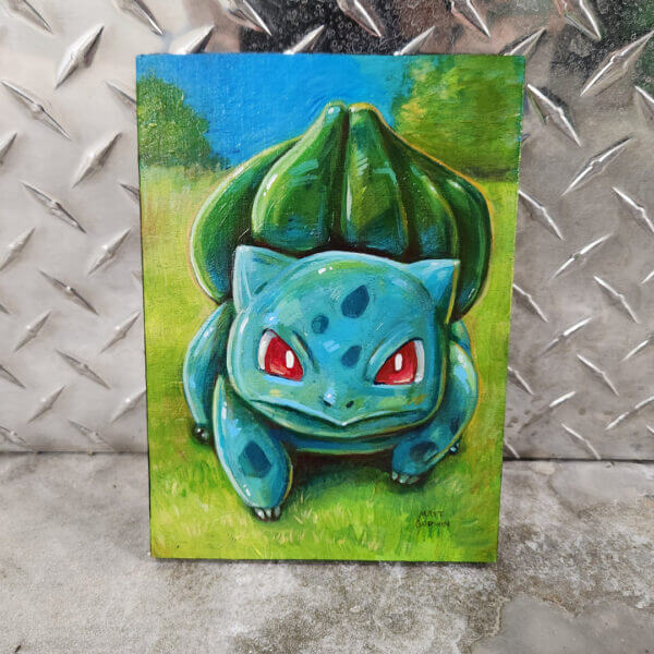 bulbasaur original acrylic painting on wood by matt godwin 5x7 - Buy Art for Sale By Artist - Handmade in South Florida USA