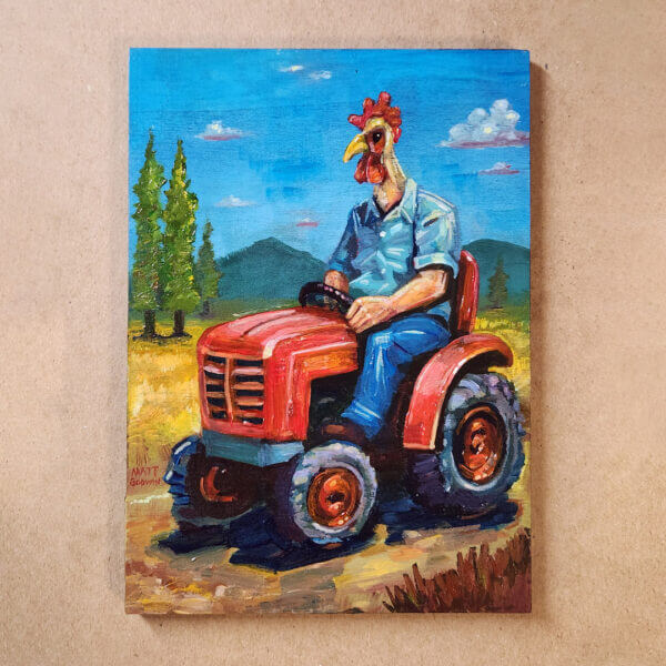 chicken farmer original acrylic painting on wood by matt godwin 5x7 - Buy Art for Sale By Artist - Handmade in South Florida USA