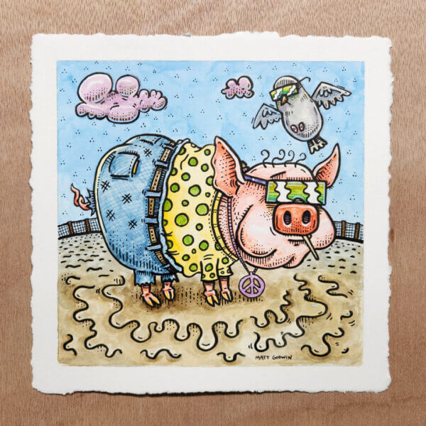 cool pig and bird friends original watercolor and pen painting on paper by matt godwin 6x6 - Buy Art for Sale By Artist - Handmade in South Florida USA