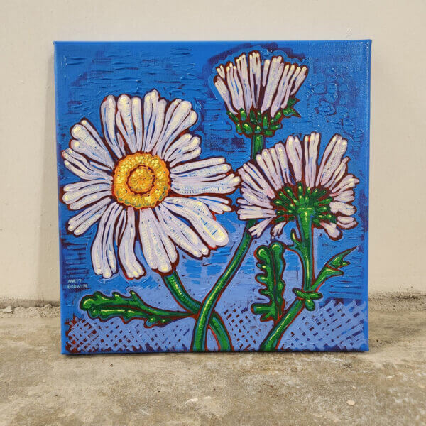 daisies on blue original acrylic painting on canvas by matt godwin 12x12 - Buy Art for Sale By Artist - Handmade in South Florida USA