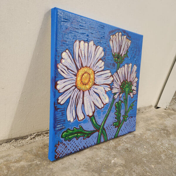 daisies on blue original acrylic painting on canvas by matt godwin 12x12 - Buy Art for Sale By Artist - Handmade in South Florida USA