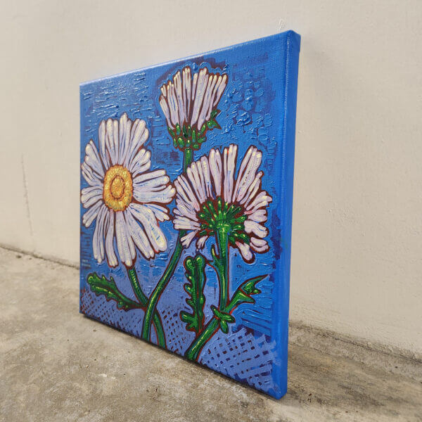 daisies on blue original acrylic painting on canvas by matt godwin 12x12 - Buy Art for Sale By Artist - Handmade in South Florida USA