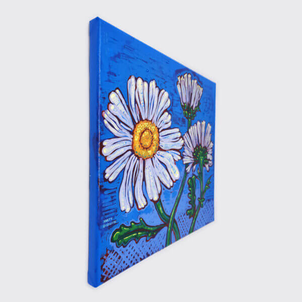 daisies on blue original acrylic painting on canvas by matt godwin 12x12 - Buy Art for Sale By Artist - Handmade in South Florida USA