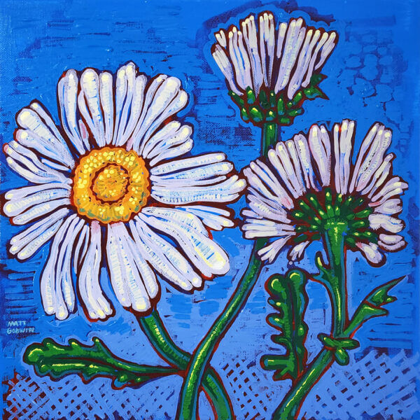 daisies on blue original acrylic painting on canvas by matt godwin 12x12 - Buy Art for Sale By Artist - Handmade in South Florida USA