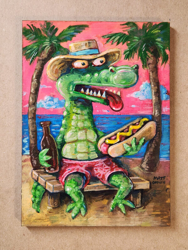 florida beach gator original acrylic painting on wood by matt godwin 5x7 - Buy Art for Sale By Artist - Handmade in South Florida USA