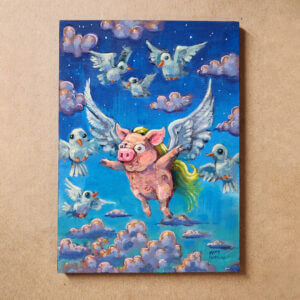 Flying Pig with Gorgeous Hair, 5"x7"