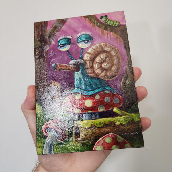 groucho snail in mushroom forest original acrylic painting on wood by matt godwin 5x7 - Buy Art for Sale By Artist - Handmade in South Florida USA